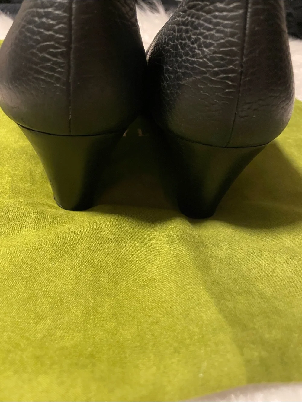 Tory Burch Black Pebbled Very soft Leather Logo Peep-Toe wedge pumps